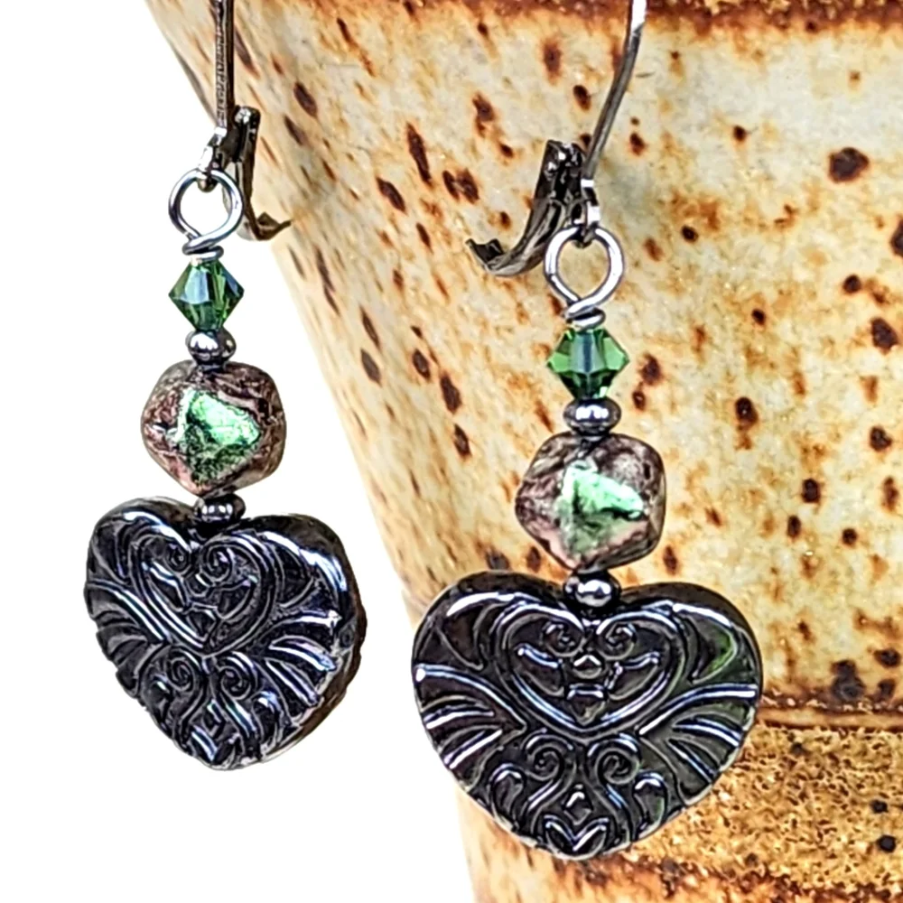 Gunmetal Heart Earrings with Green Accent Beads, Handcrafted - Picture 1 of 2